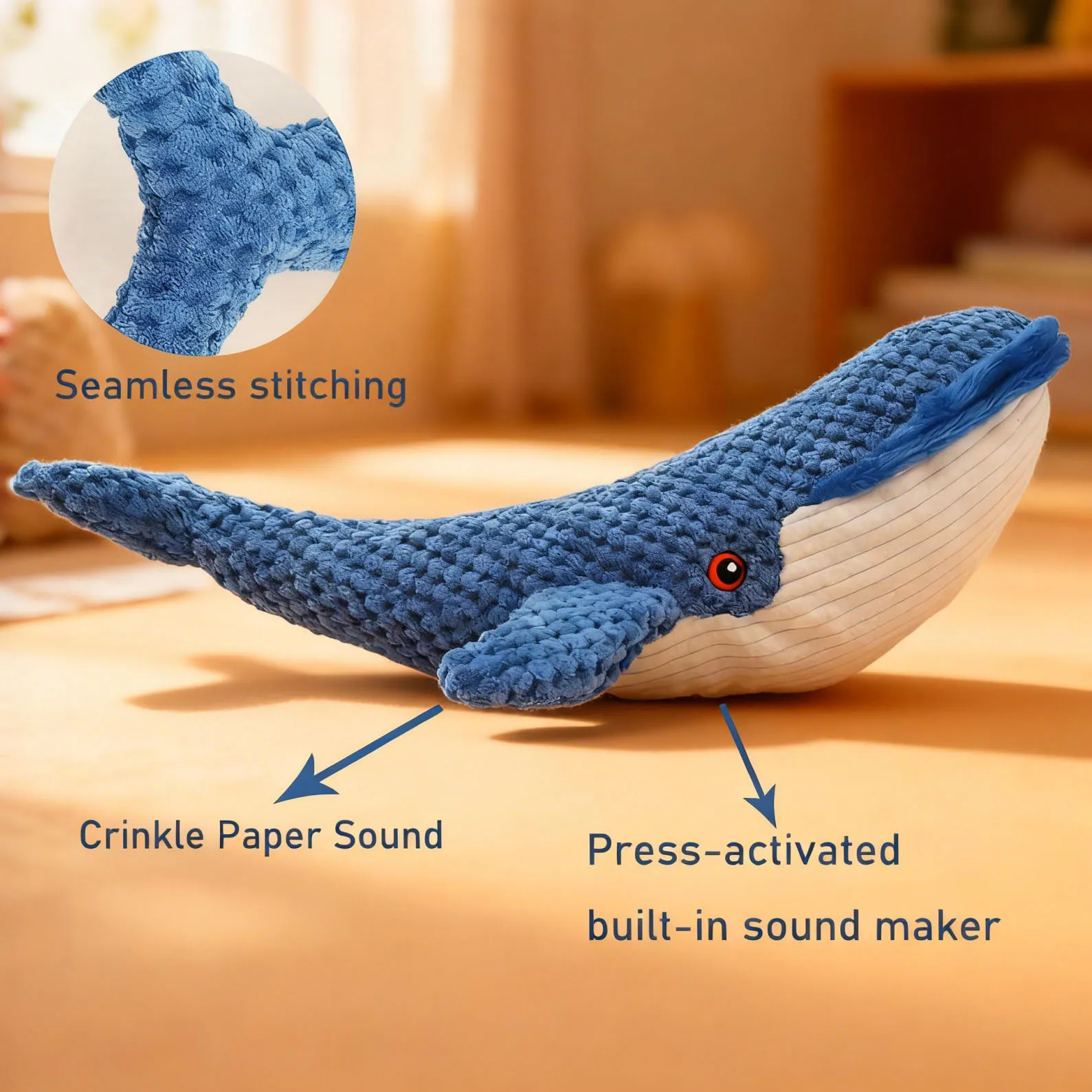 Juguetes grandes para perros ballena azul, juguete de peluche indestructible resistente con sonido grande para perros con chirriador, perros crudos pequeños, suministros para masticar cachorros y mascotas