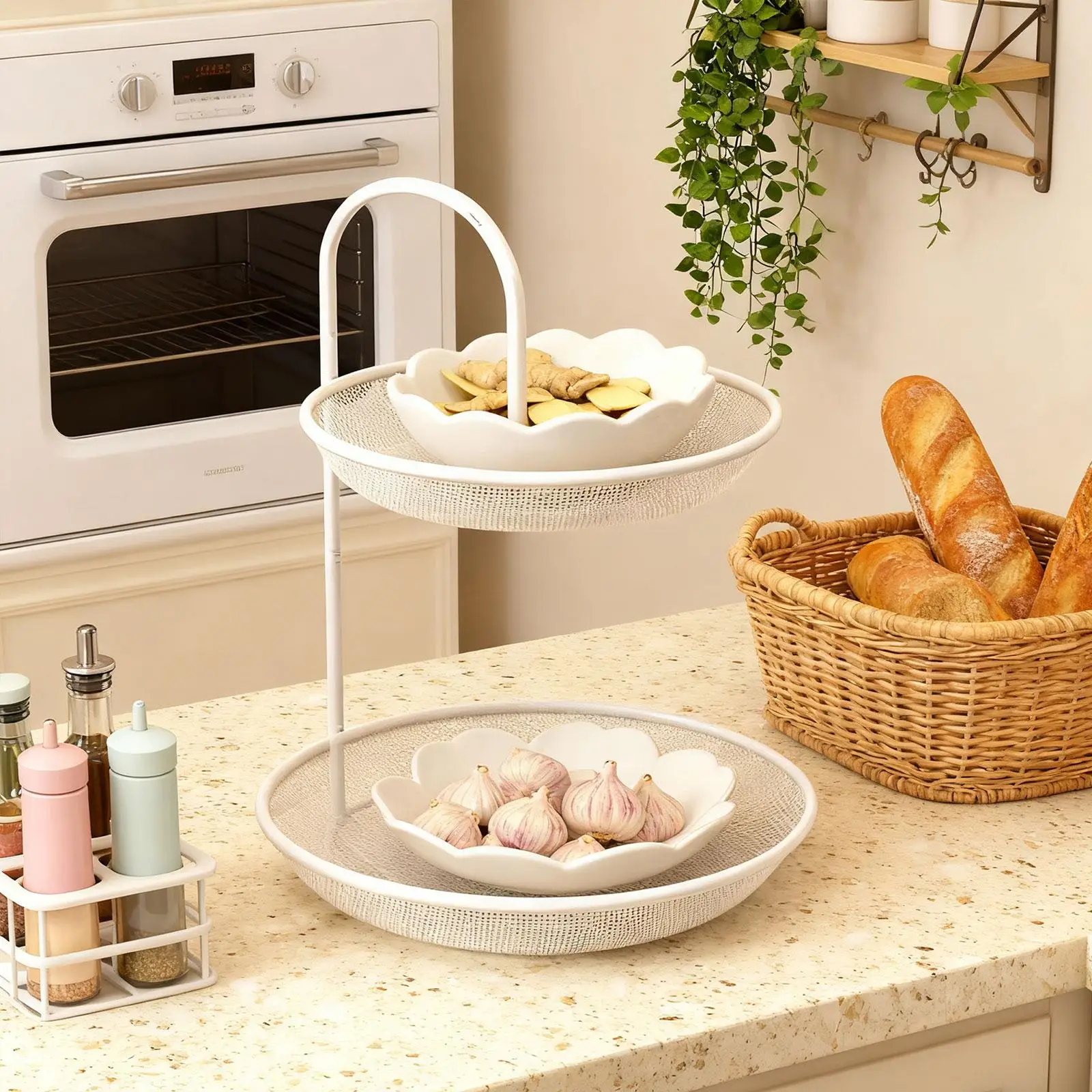 Fruit Basket Iron 2 Tier Storage Stand Holder, Wire Fruit Basket, Vegetables Basket Bowl Mesh Fruit Bowl, for Bread Snack Veggie