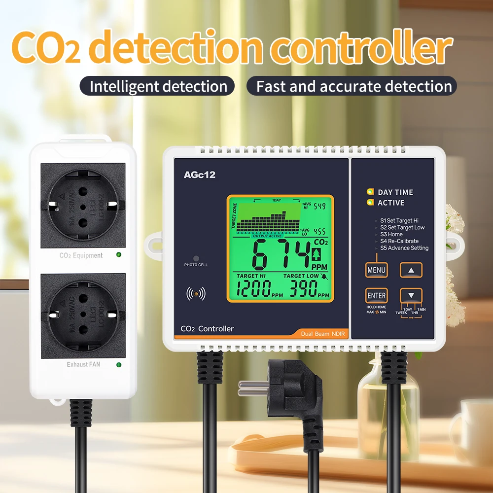 Detector de CO2 con enchufe UE y EE. UU., Monitor de calidad del aire, 0-5000PPM, Control de concentración de CO2, precisión, regulador de dióxido de carbono para invernadero