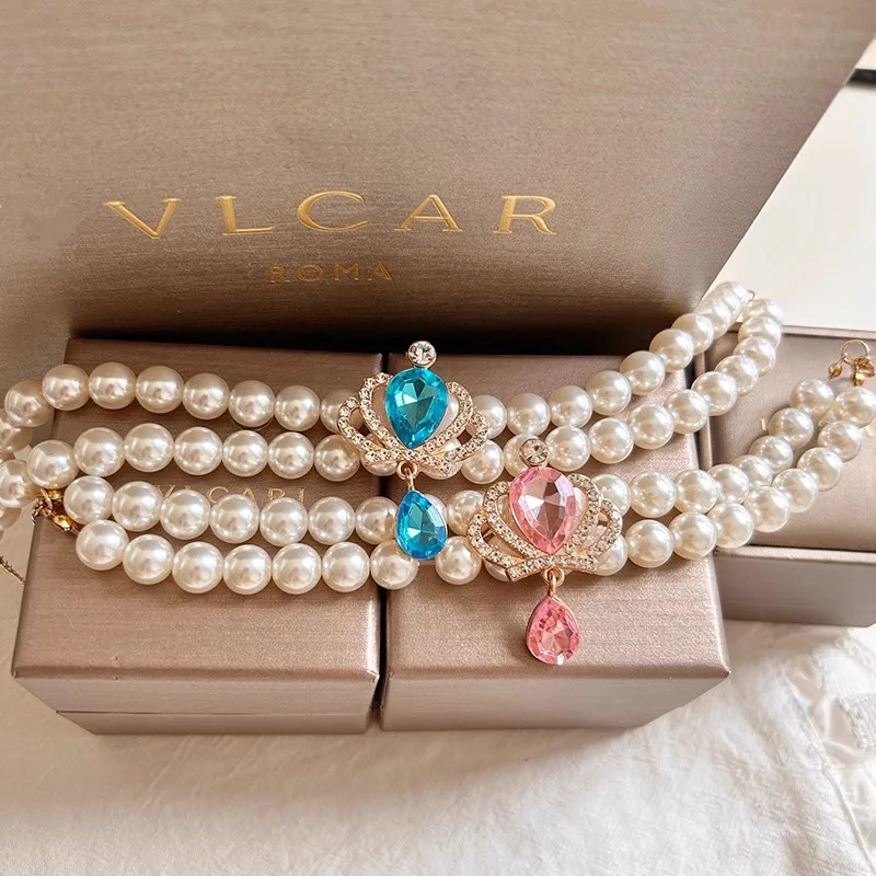 Collar de perlas con corona Retro de doble capa de princesa y gato ajustable, Collar para perro mascota, cadena para el cuello, Collar para mascota Yorkshire de peluche dulce - imagen 3