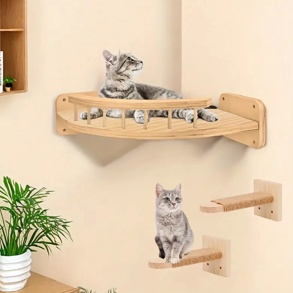 Estantes de pared para gatos, poste rascador de 2 pasos y hamaca, estante de escalada para gatos de interior, accesorios de torre de árbol trepador - imagen 3