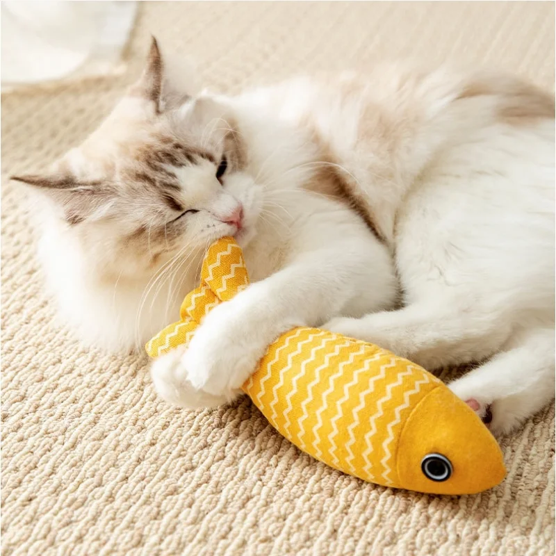 Nuevo 1 unidad de juguetes para mascotas, juguetes para masticar para gatos, almohada de pescado de lino, juguete de entrenamiento para masticar, marioneta de pescado de simulación, suministros para mascotas