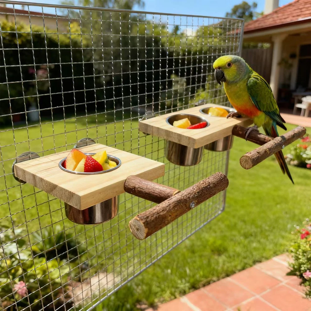 Soporte de madera con comedero para loro – Acero inoxidable