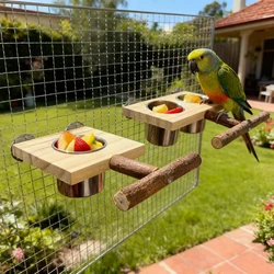 Soporte de madera con comedero para loro – Acero inoxidable