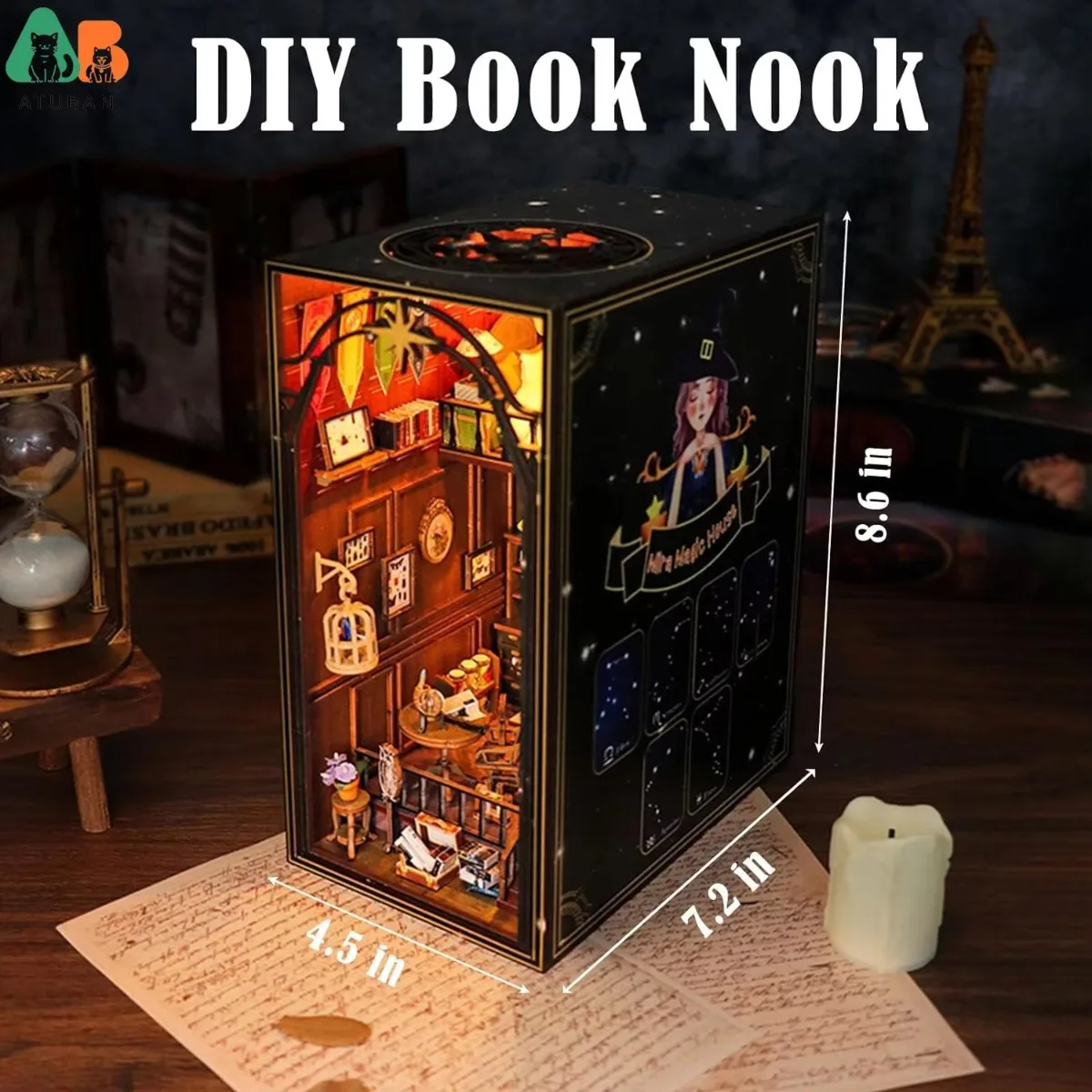 ATUBAN Kit de rincón de libros DIY, libro de casa de muñecas DIY, decoración de inserción de estante de cuaderno de biblioteca, Kit en miniatura de sujetalibros de madera 3D con luz - imagen 2