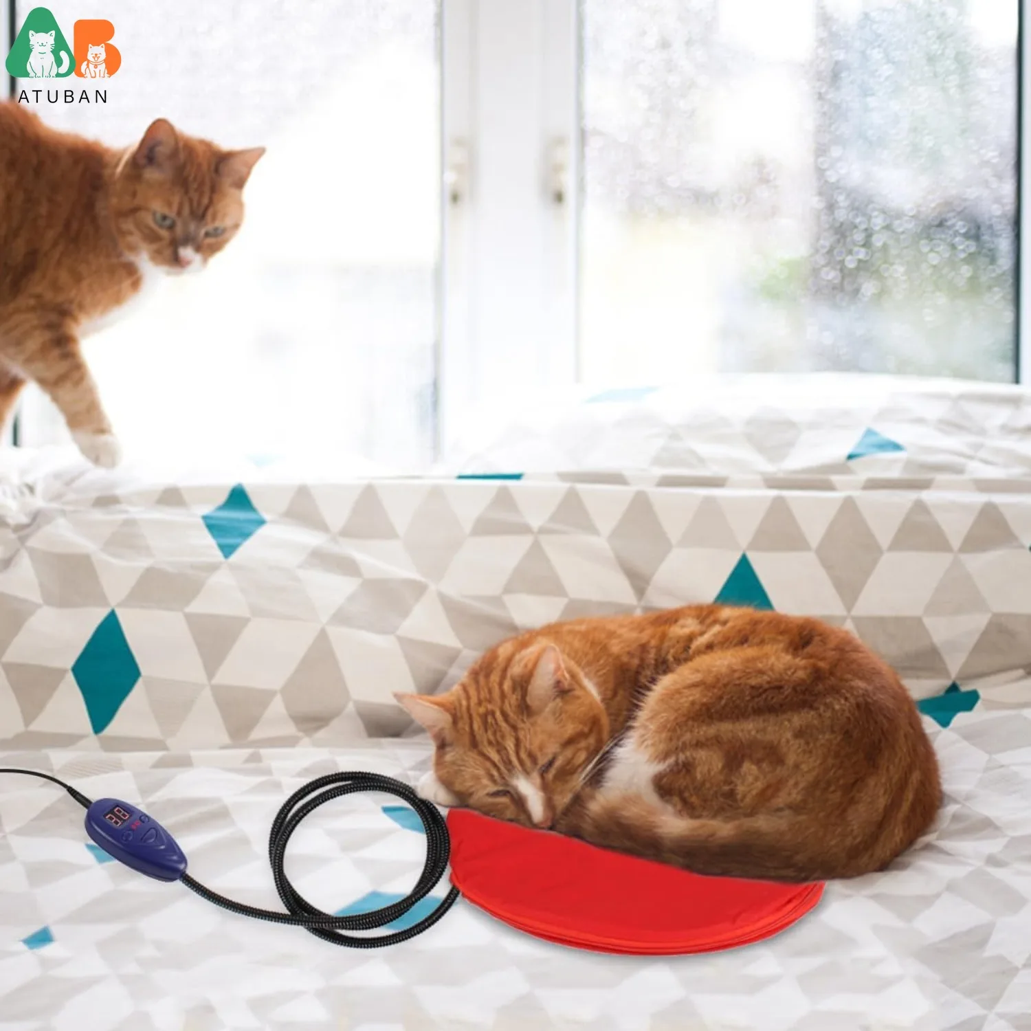 ATUBAN Almohadilla calefactora para gatos Perros pequeños Cama calefactora para perros Cama calefactora redonda para árboles de gatos Almohadilla calefactora para conejos, temperatura ajustable - imagen 5