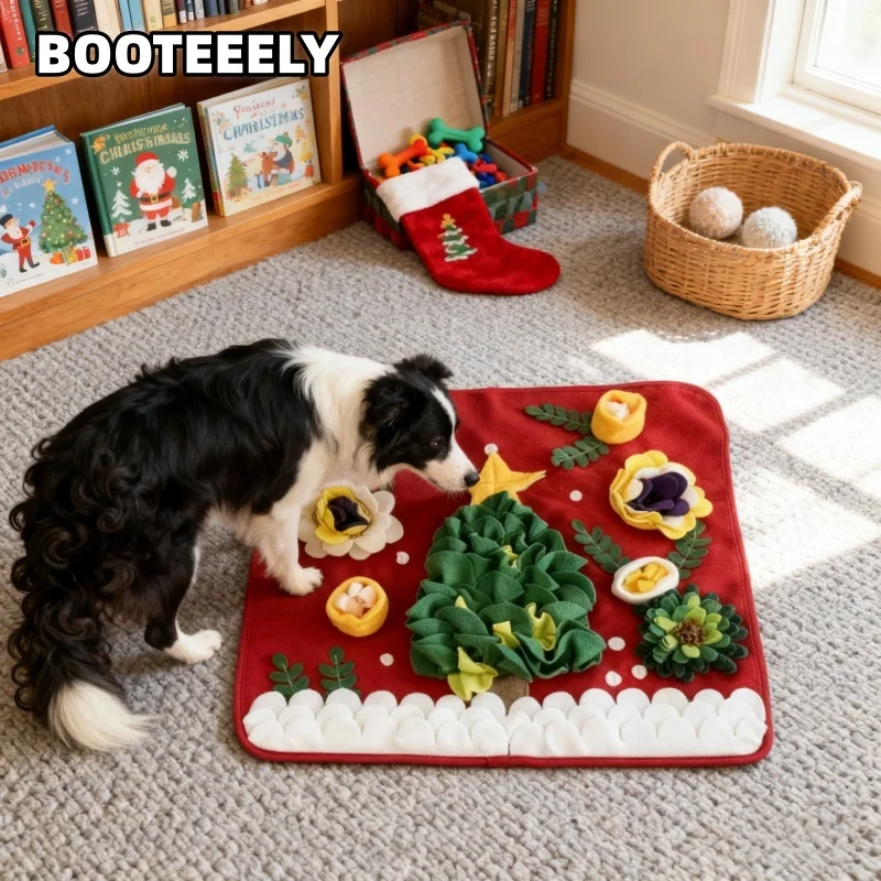 BOOTEELY-alfombrilla navideña para perros, trabajo de nariz para mascotas, almohadilla de entrenamiento de alimentación lenta, juguete interactivo, manta de actividades para aliviar el estrés