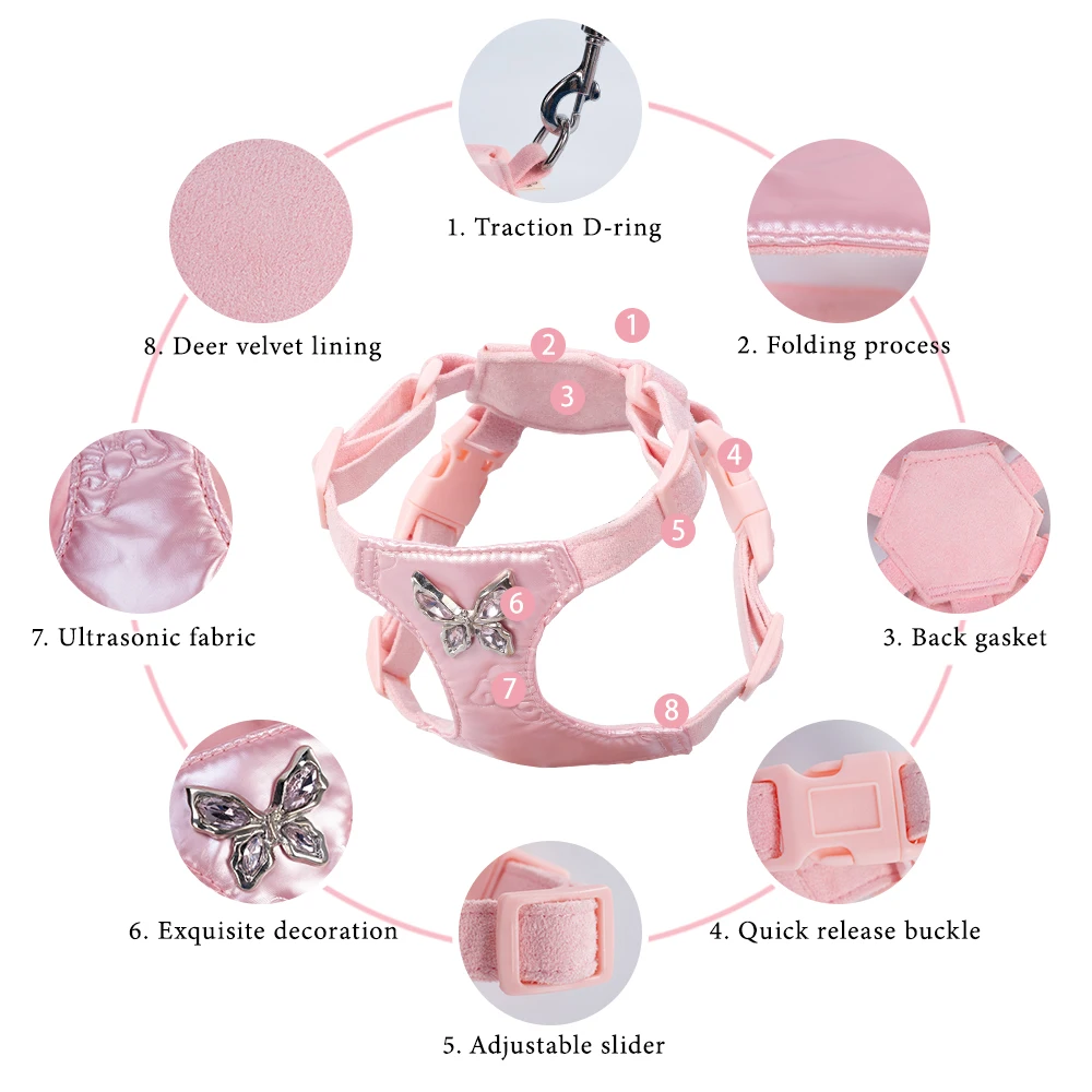 Conjunto de correa y arnés para perros a la moda, diseño de lazo de Metal, chaleco suave sin tirar para perros pequeños, equipo cómodo para caminar para mascotas - imagen 5