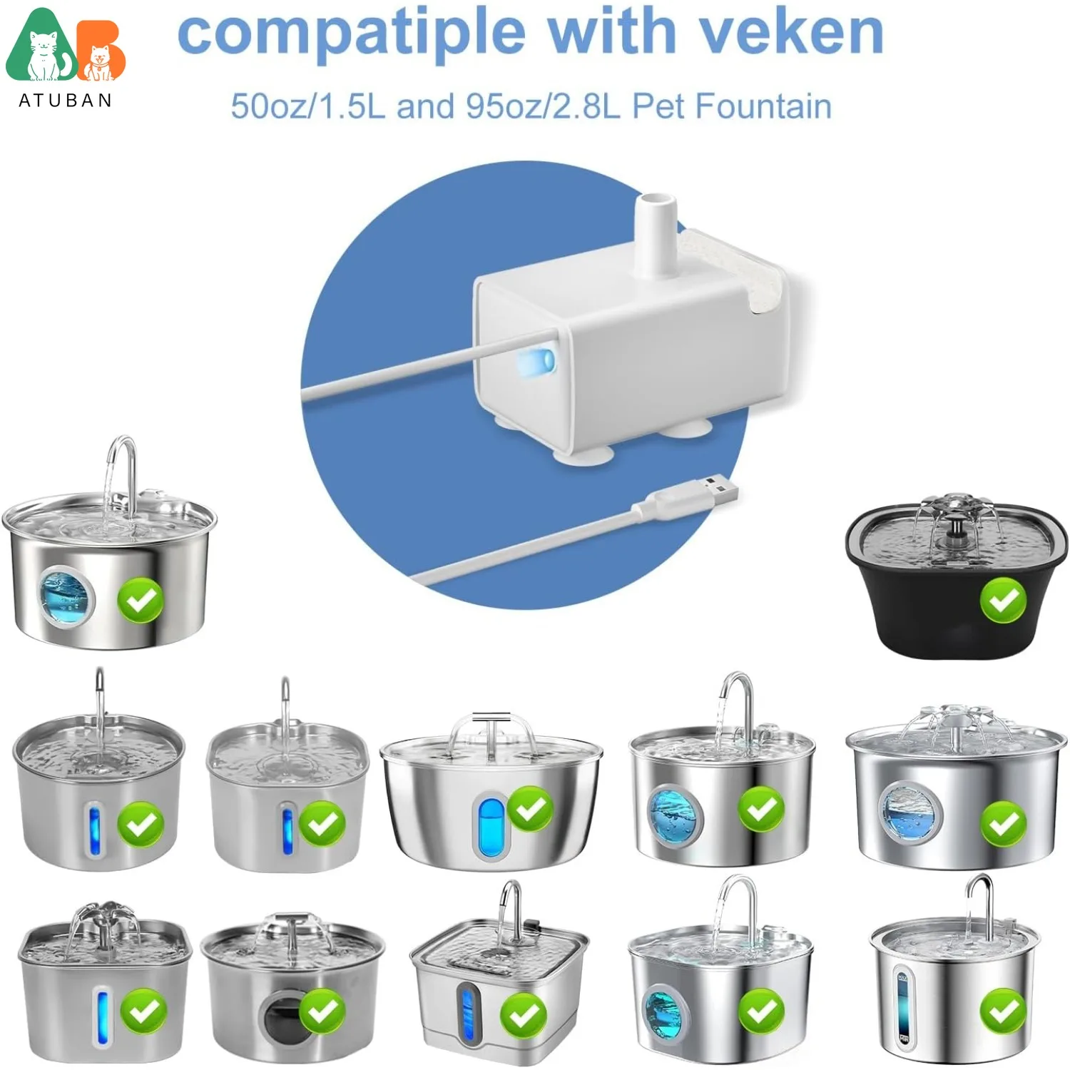 ATUBAN Fuente de agua para gatos Bomba de repuesto ultra silenciosa Compatible con fuentes para beber para perros, bomba de agua automática para fuente de agua para mascotas - imagen 2