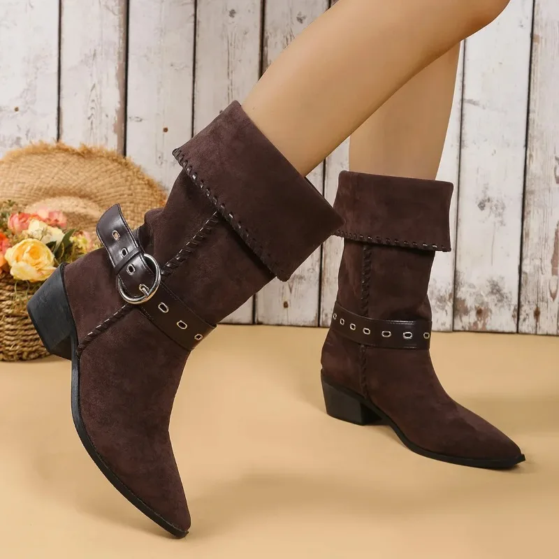 Botas de vaquero del oeste usables bidireccionales de tubo ancho para mujer, botas a media pantorrilla con punta puntiaguda y diseño abatible con cuello, tacón grueso versátil - imagen 3