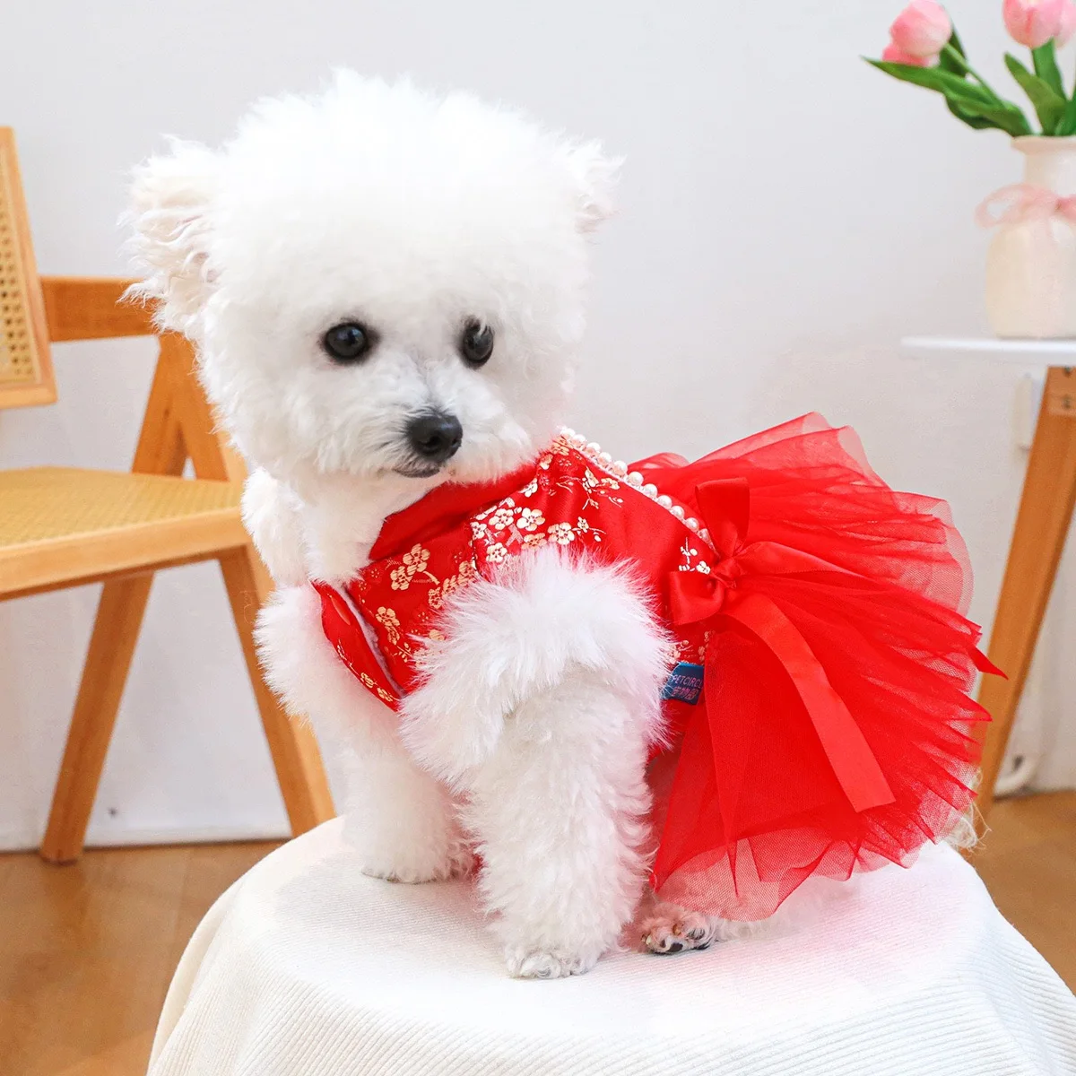 Ropa china antigua para perros y niñas, vestidos de Año Nuevo con Bulldog Francés para gatos, monos cálidos y esponjosos con flores doradas para cachorros y gatitos - imagen 2