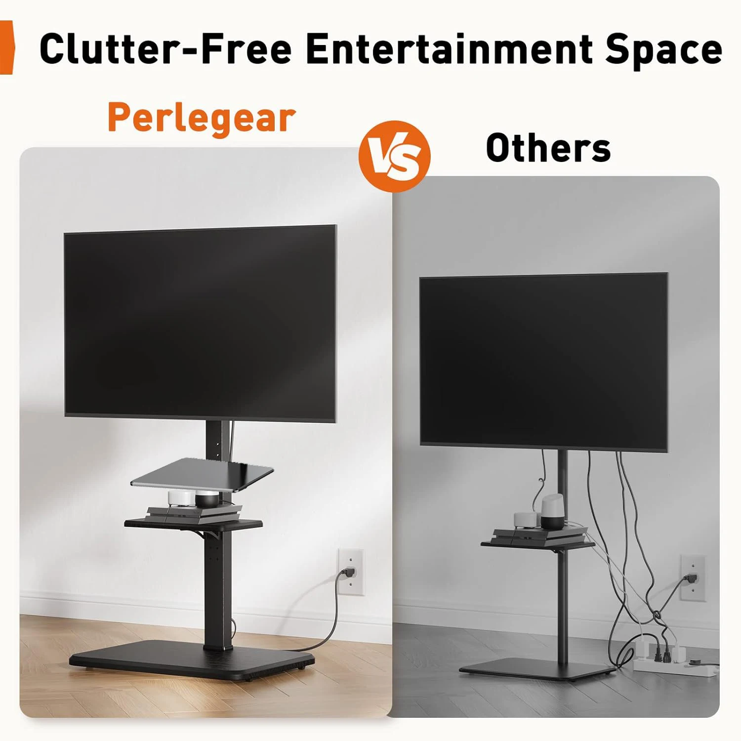 Soporte de suelo para TV ajustable en altura inclinable, carrito de exhibición con ruedas de bloqueo, dos estantes, Cable HD gratuito para 26-65 pulgadas - imagen 5