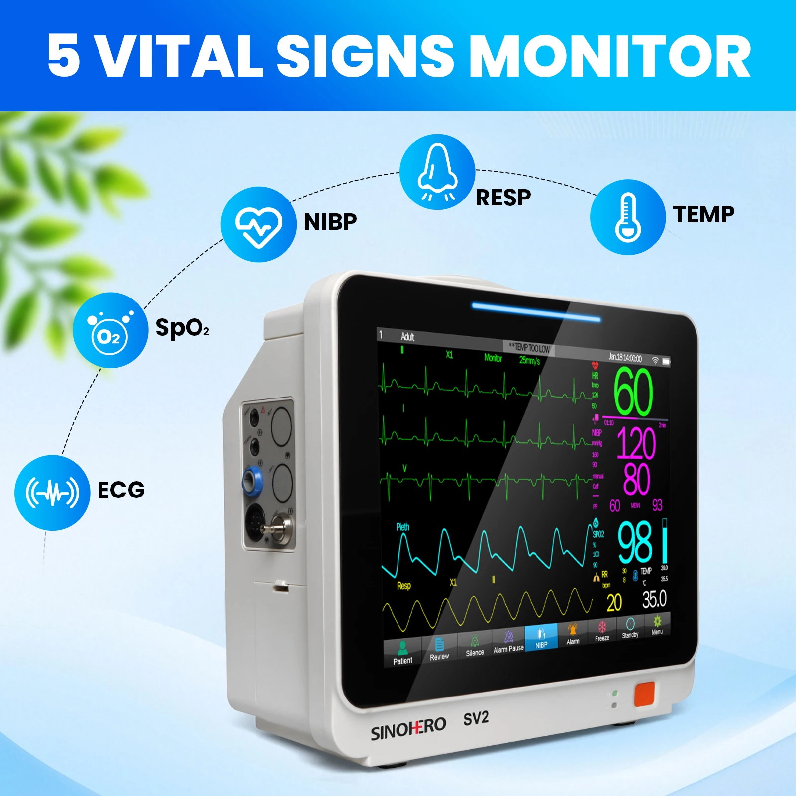 Monitor veterinario SV2 pantalla LCD táctil de 5,5 "ECG RESP SpO2 PR NIBP Monitor de señales vitales multiparamómetros para animales de compañía