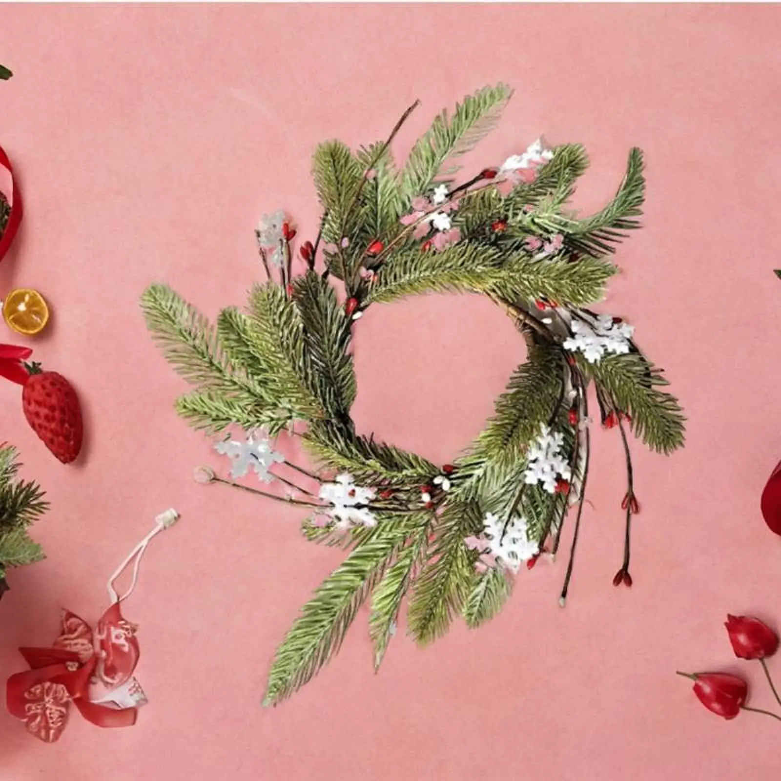 Christmas Candle Ring Wreath Table Centerpiece Candle Holder Xmas Wreath Cabinet Wreath for Window Home Decor Wedding Party