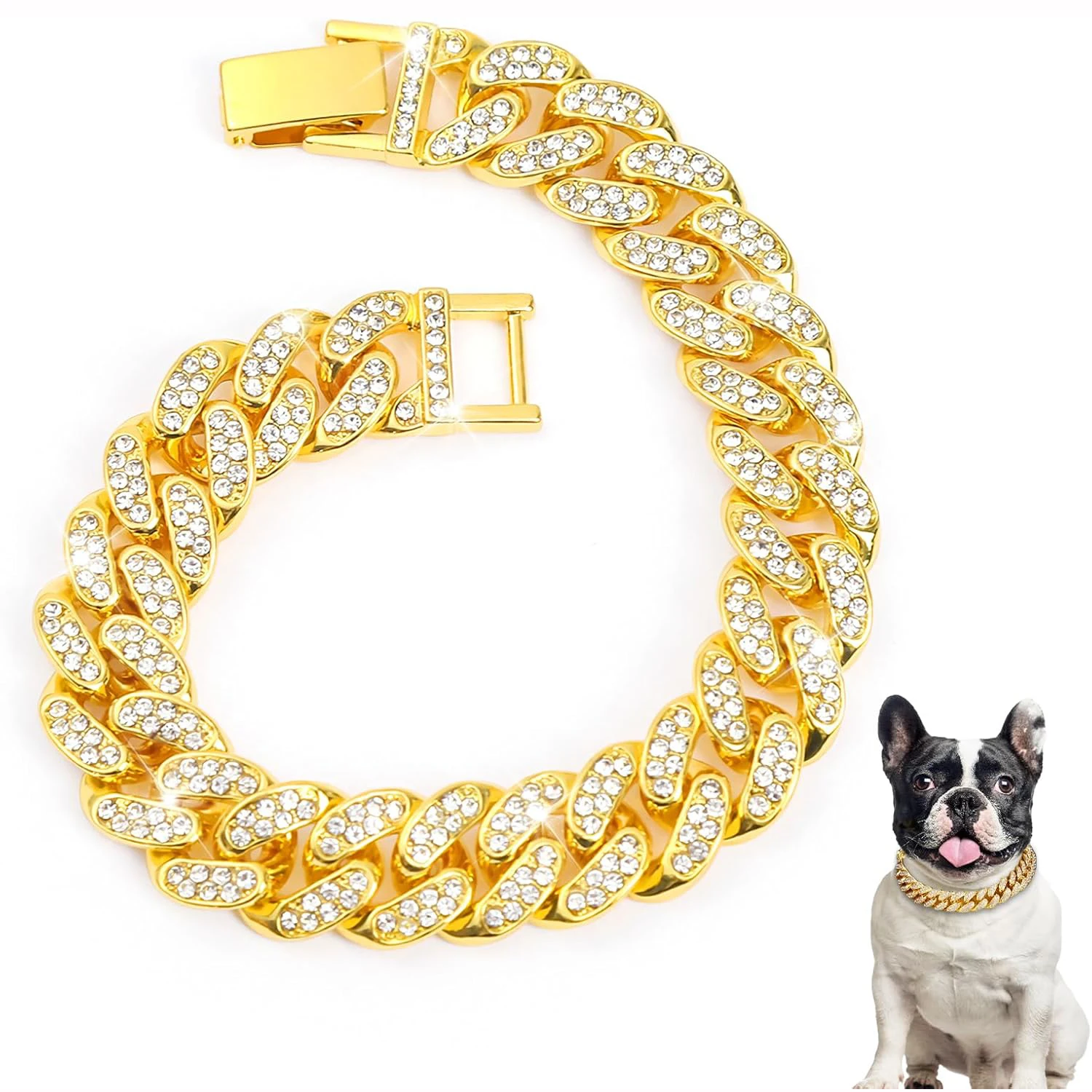Collar de cadena lujo para perros y gatos – Oro con cristal - imagen 5