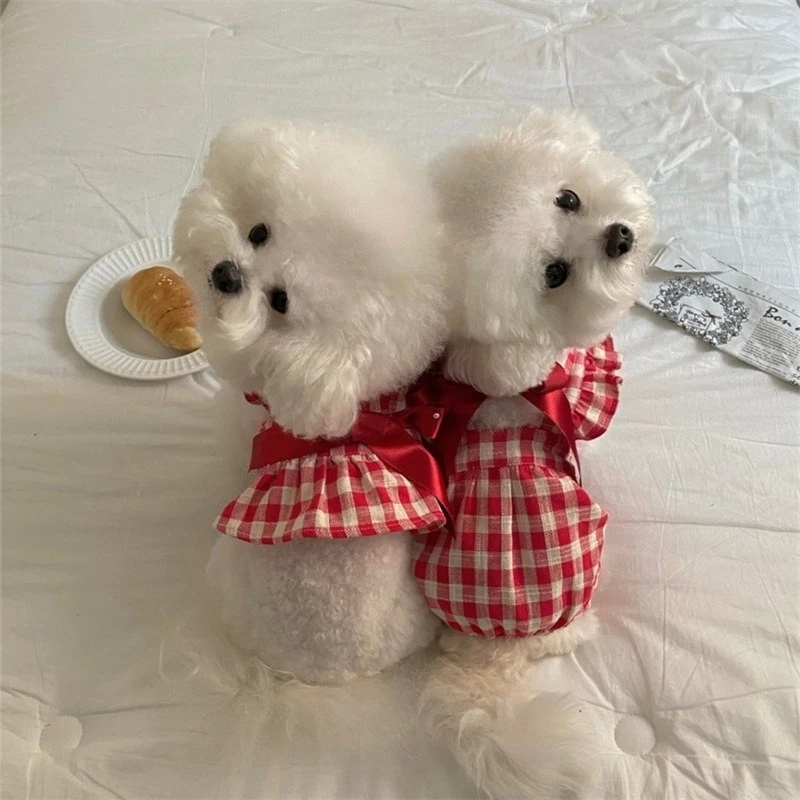 Monos a cuadros de Navidad y Año Nuevo para mascotas, mono rojo de otoño e invierno, vestido de peluche para perros pequeños y medianos, ropa para cachorros - imagen 4