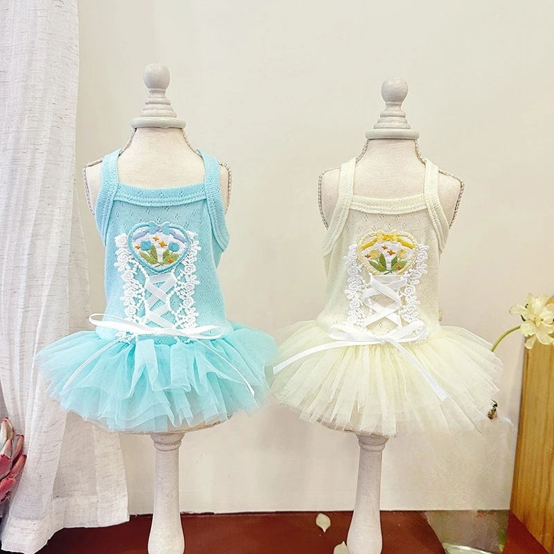 Vestido para mascotas Primavera/Verano para gatos/perros, lazo de encaje con tirantes, falda de malla de princesa Pong, vestidos para perros pequeños, ropa para cachorros