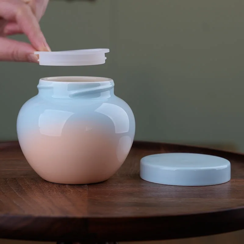 Tarro redondo sellado de cerámica degradado, cubierta de silicona para almacenamiento de cenizas de mascotas, tanque de almacenamiento a prueba de fugas y humedad, regalos conmemorativos para mascotas - imagen 3