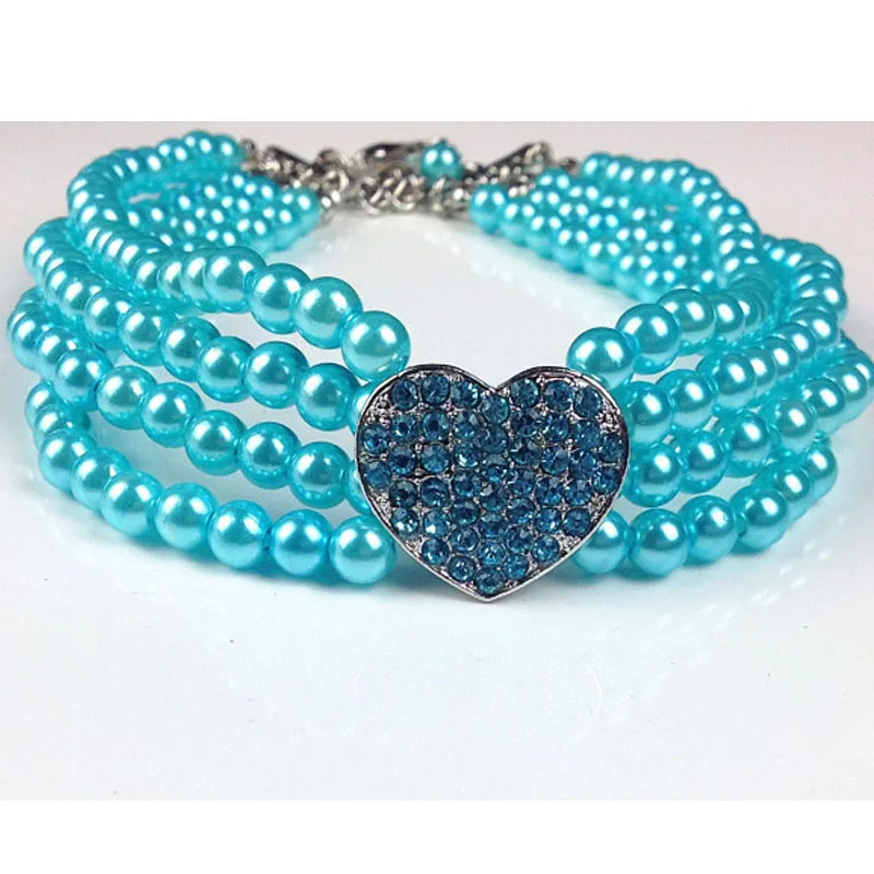 Collar de perro de lujo, accesorios para perros rosa, blanco y azul, cuatro filas de perlas, diamantes de imitación, Collar de corazón, collares de joyería para gatos y perros - imagen 3