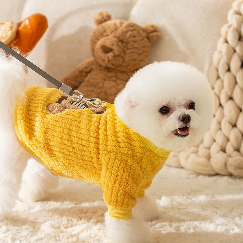 Ropa a cuadros amarilla bonita, ropa cálida de lana para mascotas, ropa de invierno para perros, ropa de algodón gruesa para perros pequeños, ropa con botones abiertos - imagen 4
