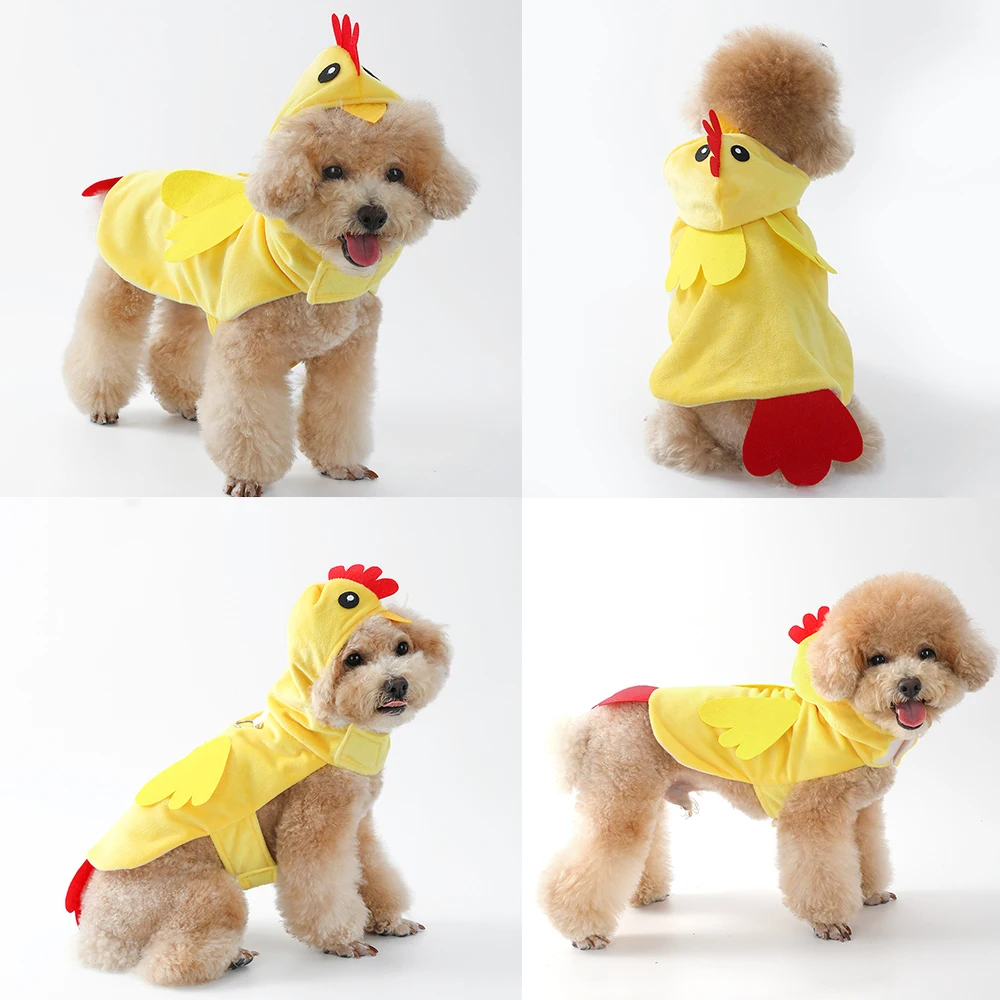 Ropa de pollo amarillo para mascotas, disfraz de Cosplay para perros, monos suaves y cálidos para cachorros, abrigo de lana para gatos, chaqueta, sudaderas con capucha divertidas para mascotas