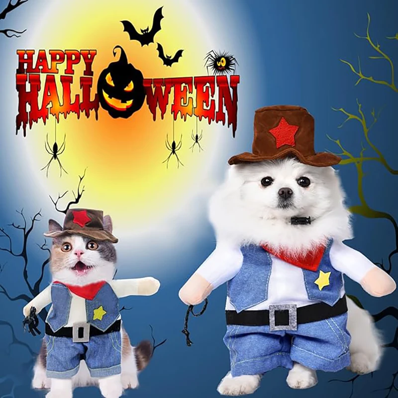 Disfraz de vaquero con sombrero para gato y perro pequeño, ropa de Halloween para mascotas, disfraz divertido para gatos y perros pequeños - imagen 5
