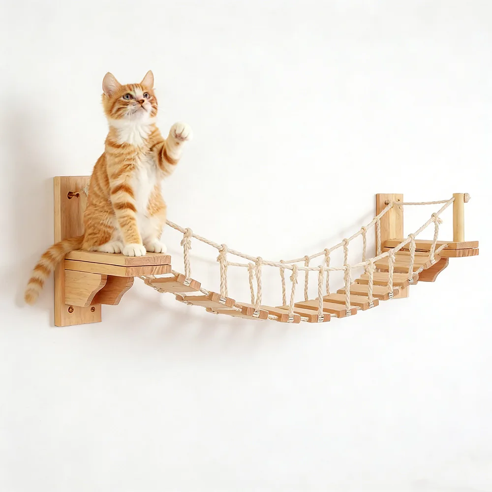 Puente cuerda para gato en pared de madera natural con percha escalar - imagen 4