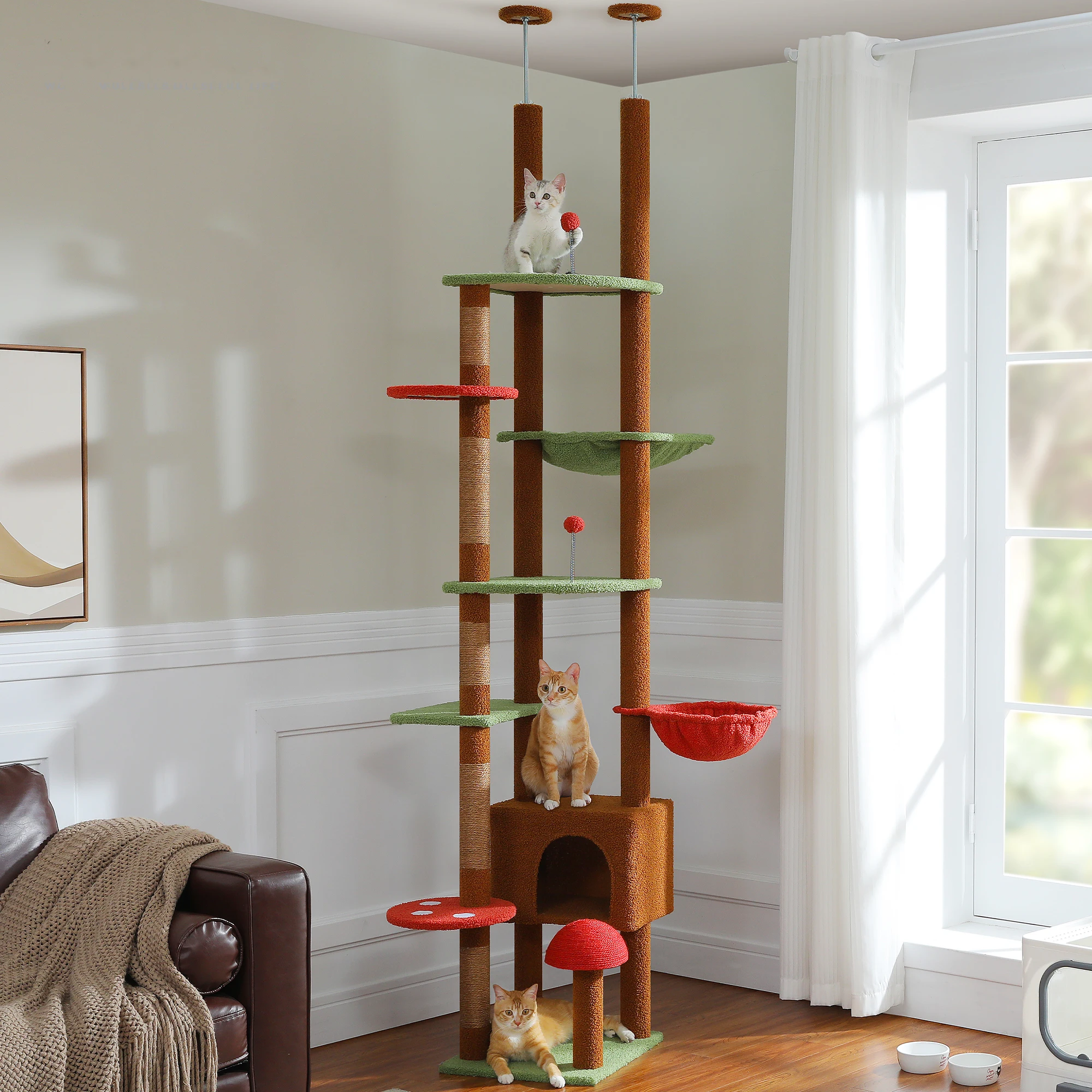 Árbol para gatos alto de altura ajustable para interiores, torre para gatos de piso a techo con condominio acogedor, hamaca grande, poste rascador para gatos, juguetes para gatos