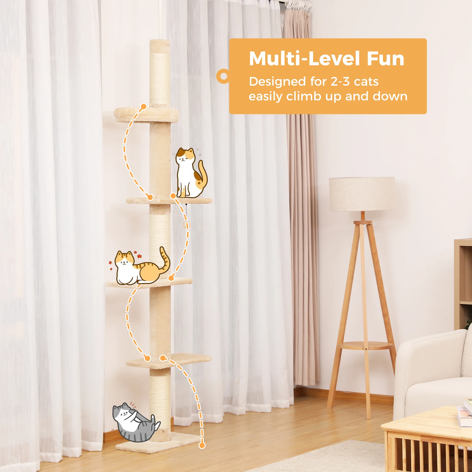 Árbol para gatos de suelo a techo – Torre con postes rascadores y juguetes - imagen 4