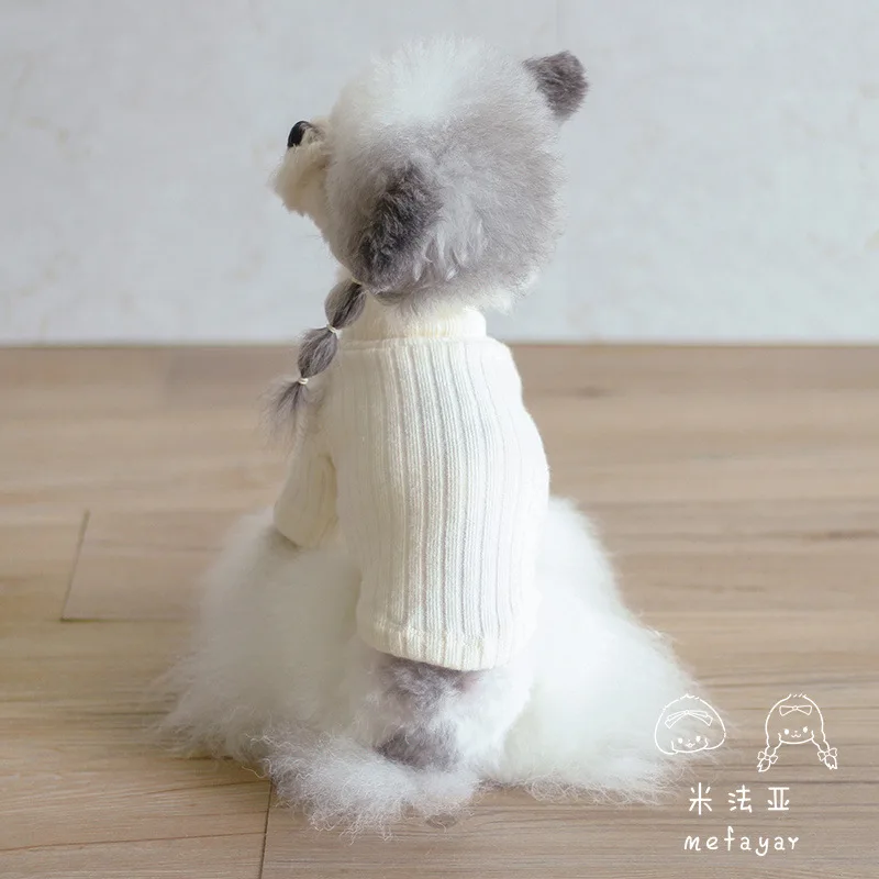 Camisa básica de cuello alto a rayas para mascotas, bonito Top de punto con logotipo de oso de peluche, camisa Base, Sudadera con capucha para el hogar, ropa para cachorros para perros pequeños - imagen 4