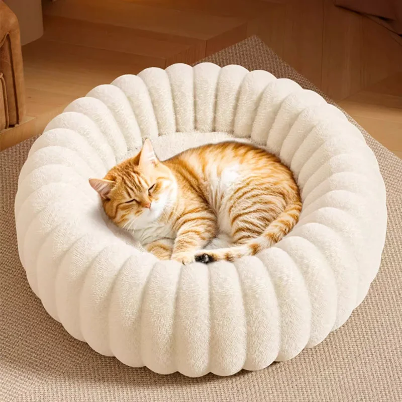 Cama para dormir cálida de invierno para mascotas, sofá cama redondo para gatos, cama para mascotas a rayas suaves para perros pequeños y medianos, cómoda cama para cachorros de peluche - imagen 2