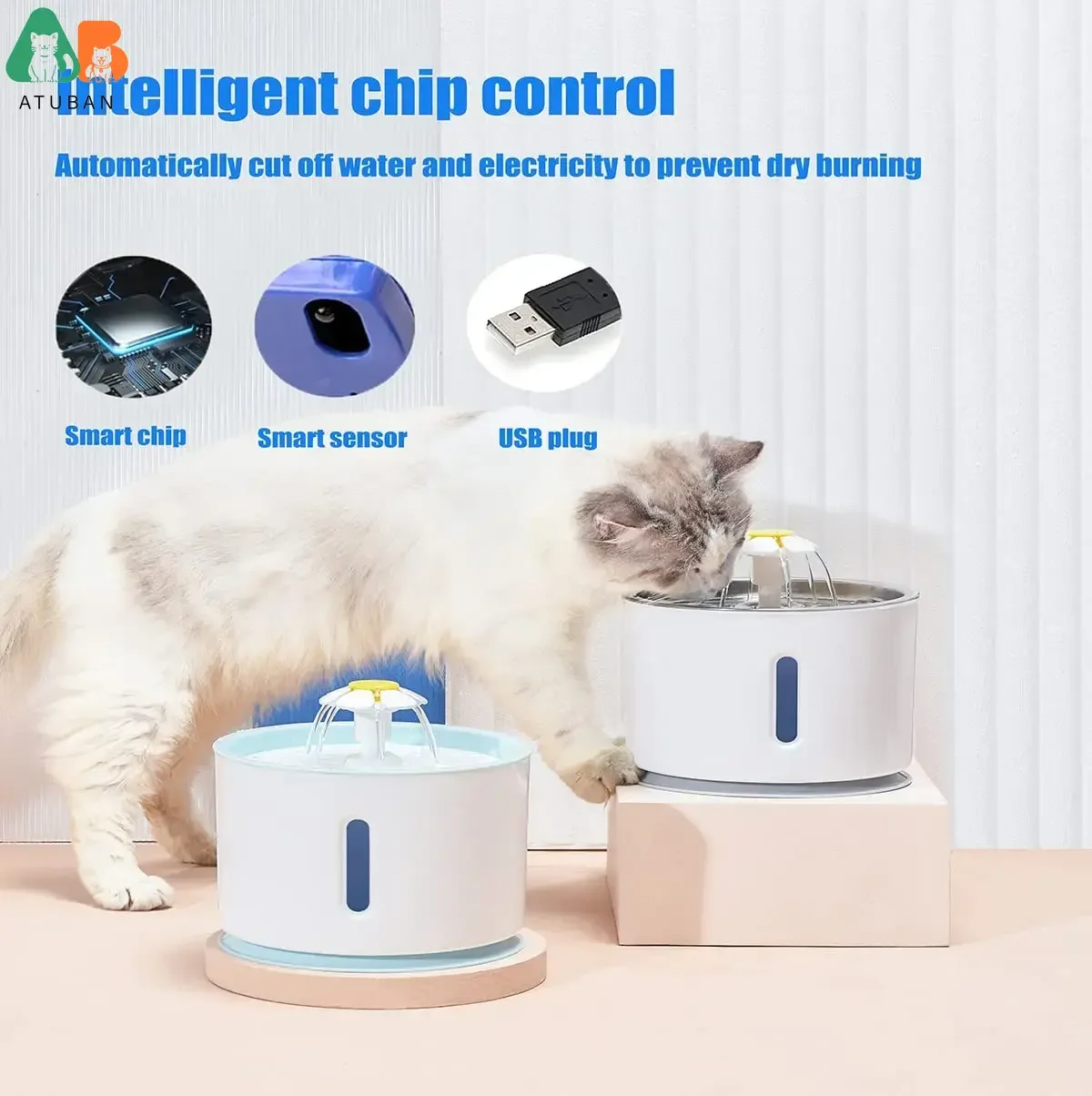Fuente de agua para gatos ATUBAN, filtros de repuesto para fuente de agua para mascotas de 81oz/2,4 L, fuente para beber automática de acero inoxidable para gatos - imagen 3