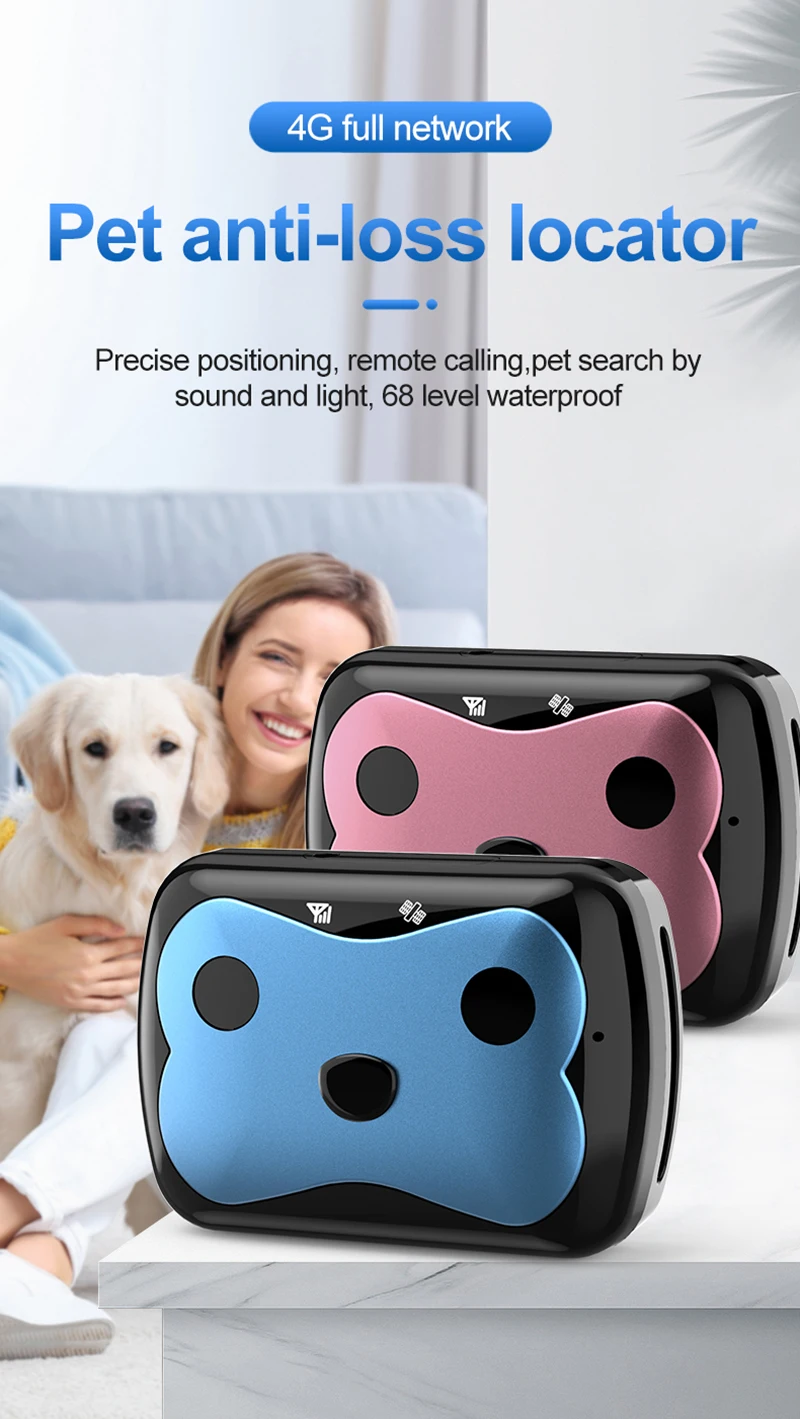 Una mujer sosteniendo un perro y un localizador de mascotas rosa y azul