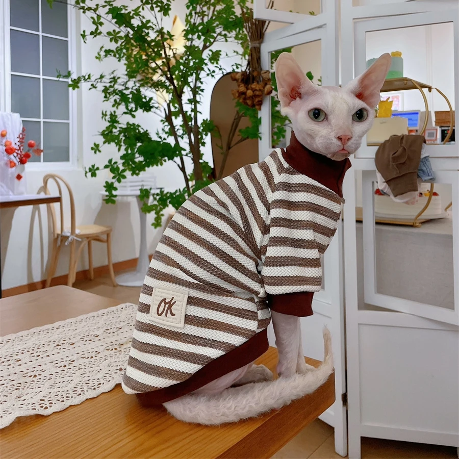 Sudadera de rayas de Cat Clothing para Sphynx Abrigo marrón suave de gato para gatitos Camisa de manga larga elestic para Devon Rex en primavera - imagen 2
