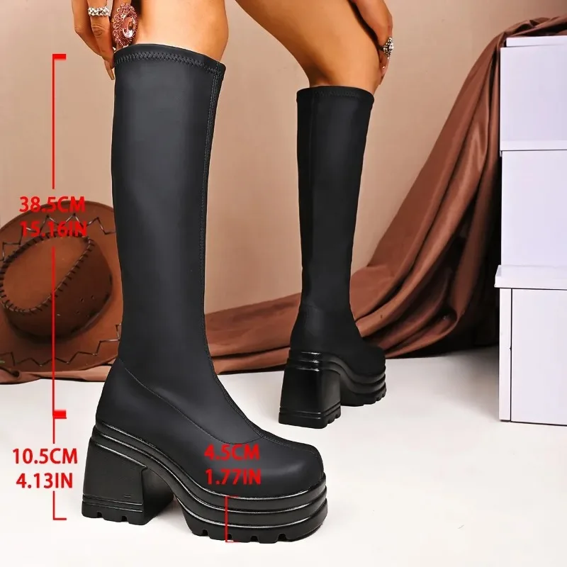 Botas de mujer con punta cuadrada de talla grande, parte inferior gruesa, estilo británico, tubo largo, botas de caballero de tacón alto para otoño e invierno, Color puro para adultos