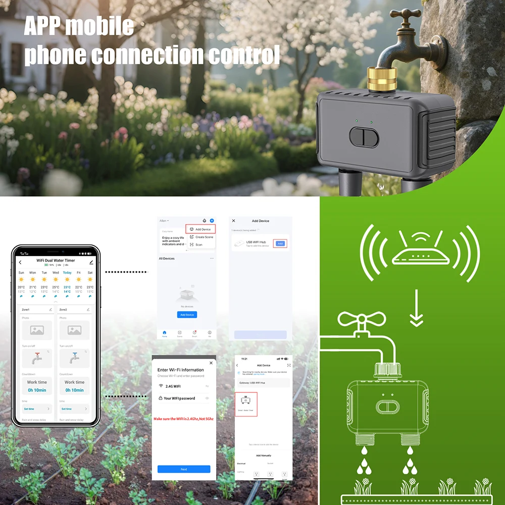 Temporizador de agua inteligente Tuya WiFi, 2 salidas, temporizador de aspersor, sistema de riego de jardín, controlador de riego por goteo, programador de retardo de lluvia - imagen 3