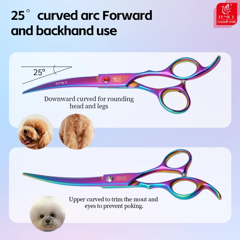 Fenice-Juego de tijeras profesionales coloridas para el cuidado de perros, 6,5/7 pulgadas, recto, más fino, curvo, tijeras de aseo - imagen 4