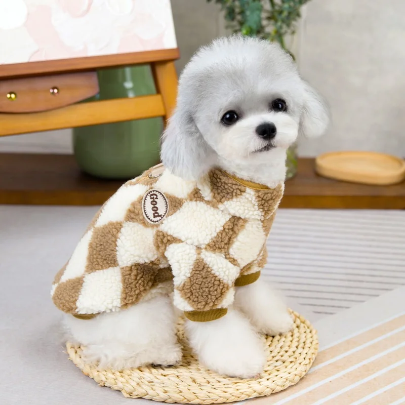 Sudaderas con capucha de felpa para perros con anillo en D, ropa cálida y suave para perros, jerséis bonitos a cuadros para cachorros, chaqueta con capucha para gatos a la moda, abrigo para mascotas