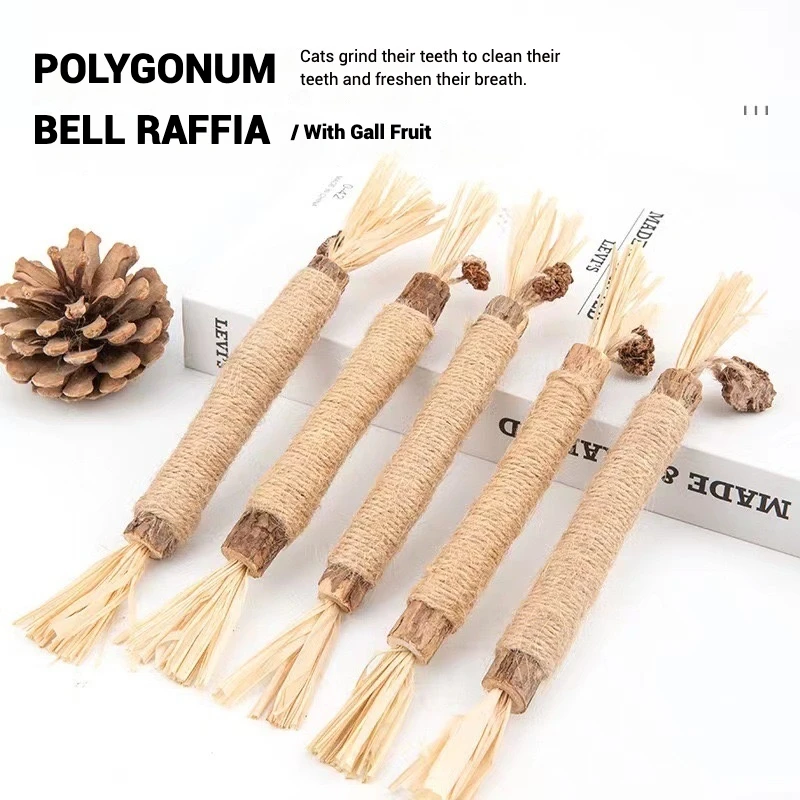 Juguetes para masticar para gatos, juego de palos Polygonum naturales con campana de plumas de rafia de Sisal para la salud Dental, alivio del estrés, respetuoso con el medio ambiente - imagen 3