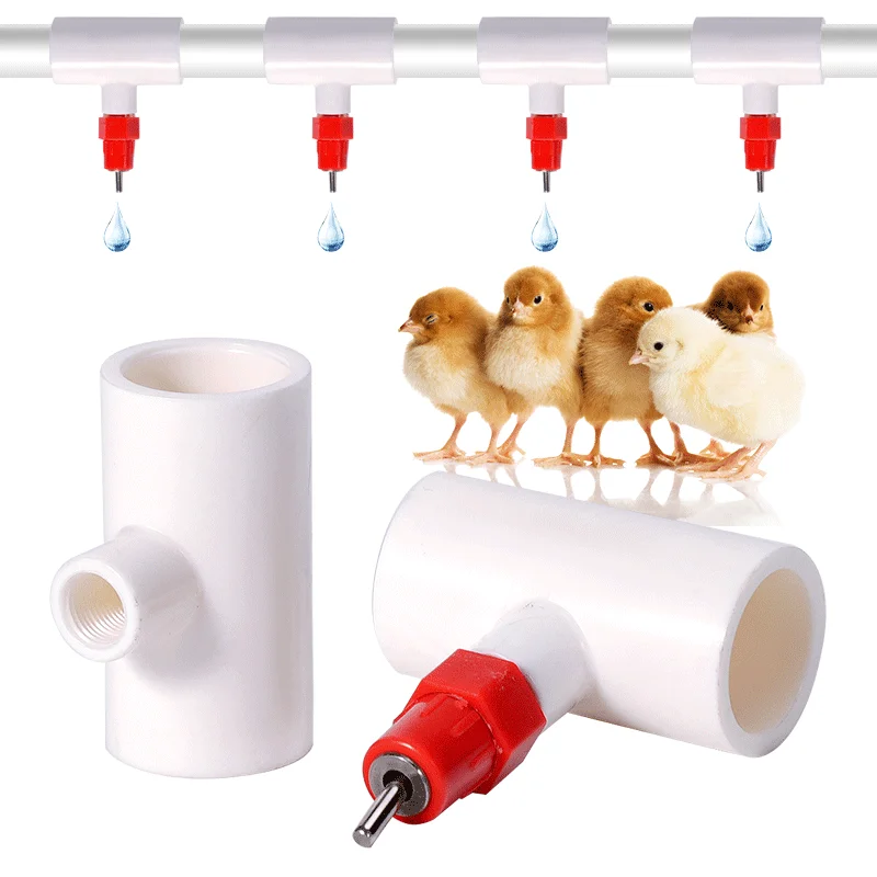 Tetina automática para beber pollo con tubo de conexión, accesorios en T de PVC, conector en T para alimentador de bebedero de ganado de 20mm, 5 uds.