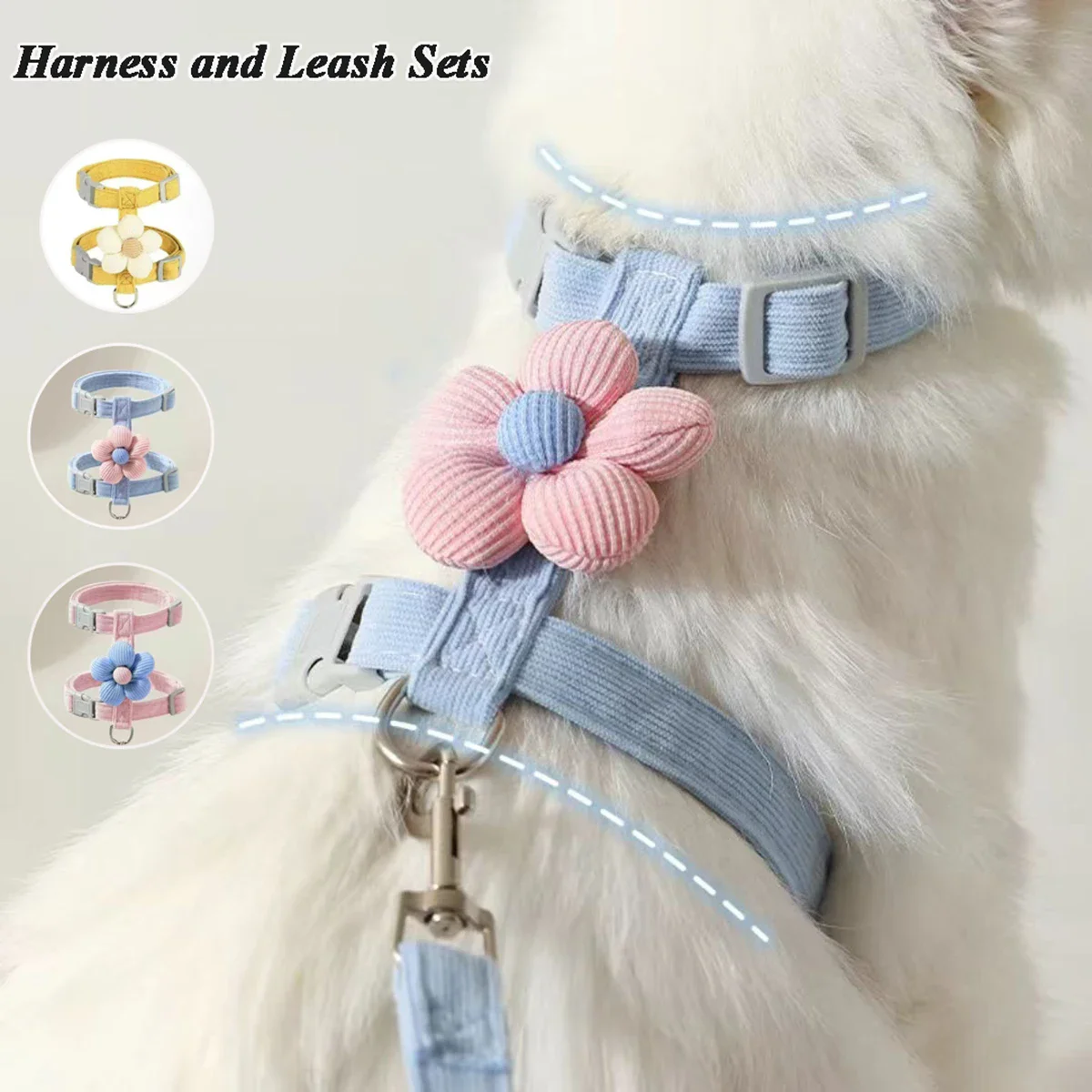 Conjunto de correa de arnés de gato a la moda antirotura, arnés de perro transpirable ajustable, conjunto de correa de arnés para perro pequeño Simple y bonito con flores