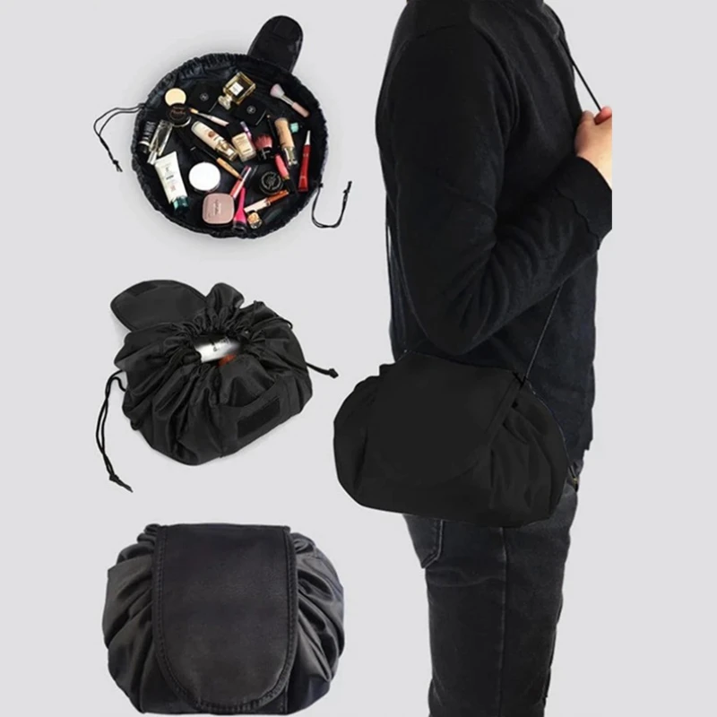 Bolsa de almacenaje para maquillaje elástica con cordón, bolso portátil de viaje negro de gran capacidad, bolsas de almacenamiento a la moda - imagen 2
