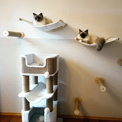 Poste rascador mural para gatos con hamaca de madera – Ahorra espacio