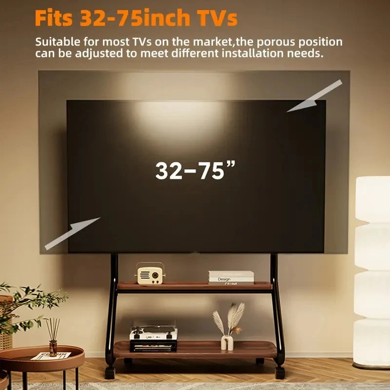 Carro de TV móvil de hierro ajustable con estante de almacenamiento, soporte de TV rodante, máximo VESA 600x500 mm, para pantallas de 32-75 pulgadas para oficina en casa - imagen 4