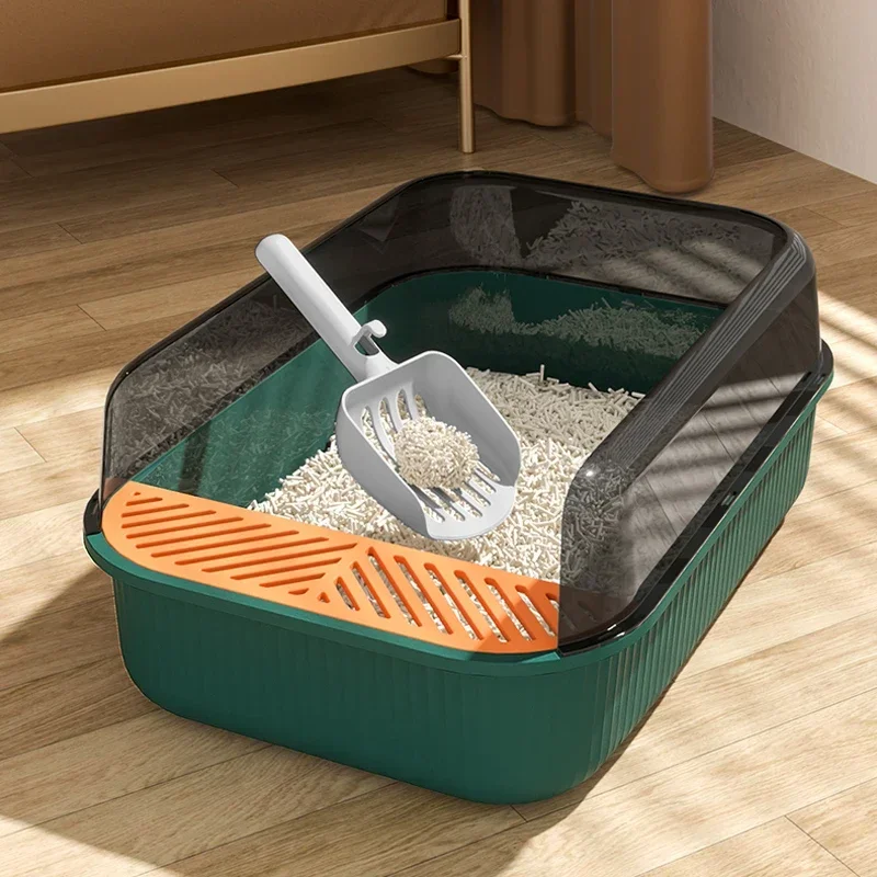 Caja de arena para gatos de gran capacidad, caja de arena de plástico semicerrada para gatos, inodoro para mascotas, bandeja antisalpicaduras para gatos, colcha, suministros para mascotas