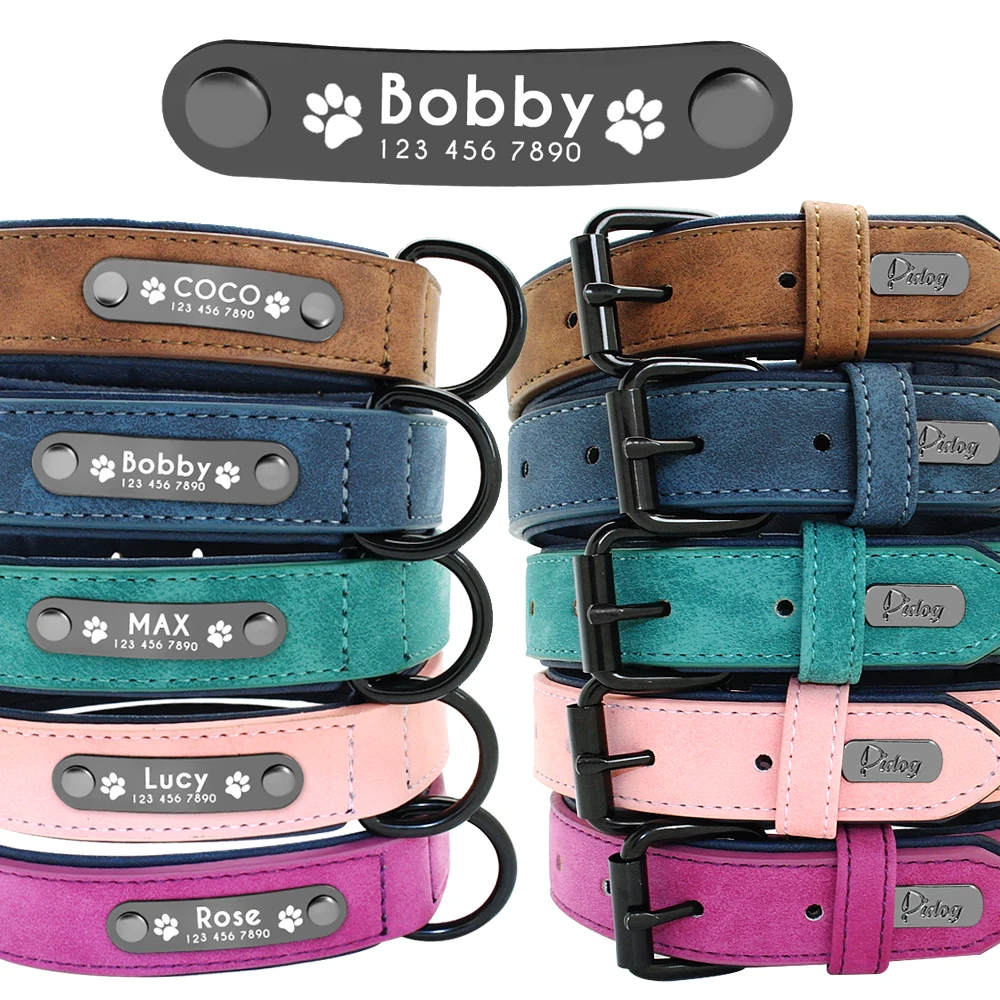 Collar de perro de cuero personalizado Collares personalizados con placa de identificación grabada gratis para perros pequeños, medianos y grandes Pitbull Labrador XS-XXL - imagen 3