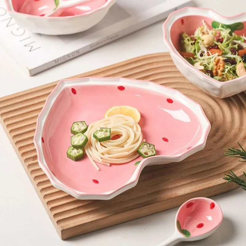 Juego de plato cuchara y tazón de fresa, cuenco de corazón para niña hermosa, ensaladera, postre, vajilla para el hogar, 3 uds. - imagen 3