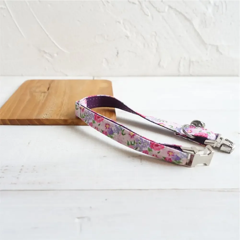 Collar de gato personalizado con grabado gratuito, correa para mascotas a juego, hebilla de Metal de contactos personalizados, Collar pequeño para mascotas con flores moradas - imagen 3