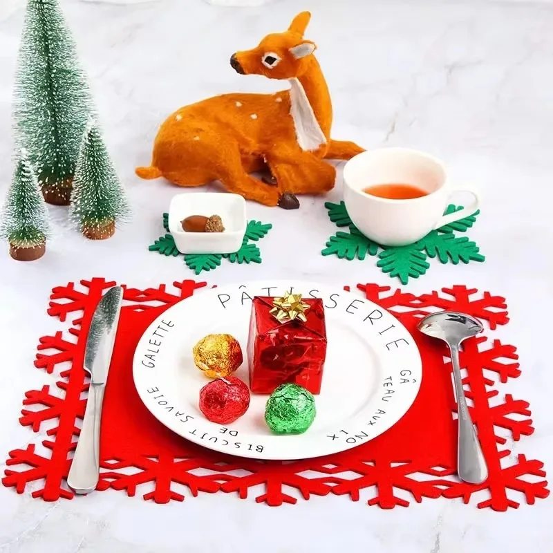 Manteles Individuales con tema navideño, tapete de fieltro con forma de copo de nieve, Mantel Individual antideslizante para mesa, decoración navideña para el hogar, adorno navideño 2024