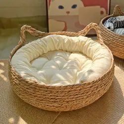 Cesta de mimbre acolchada para gatos – Descanso suave y cálido